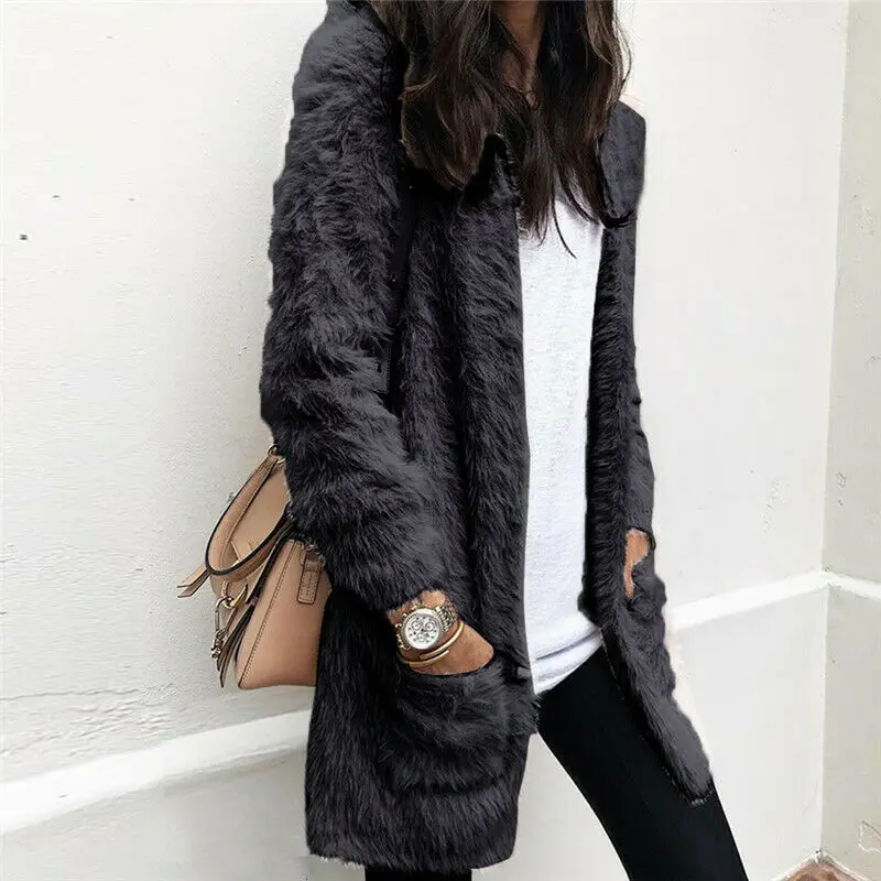 Женский Длинный флисовый кардиган пушистая однотонная повседневная меховая