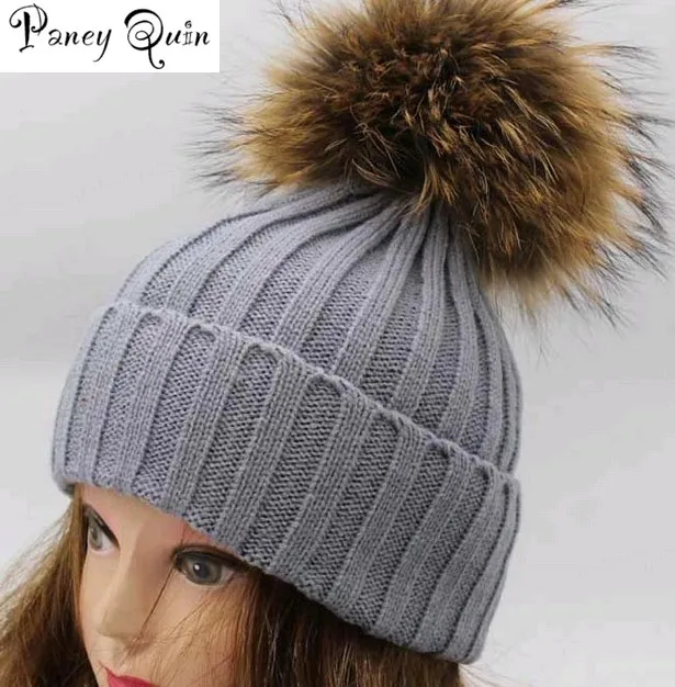 

Женские зимние шапки бини Новая модная зимняя качественная шапка вязаная шапка с острым носком для женщин/дам 100% натуральный мех 18 см помпо...