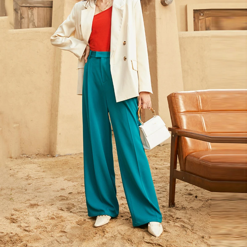 [EAM] High Waist Blue Pleated Split Joint Long Wide Leg Trousers New Loose Fit Pants Women Fashion Spring Autumn 2021 1DA645