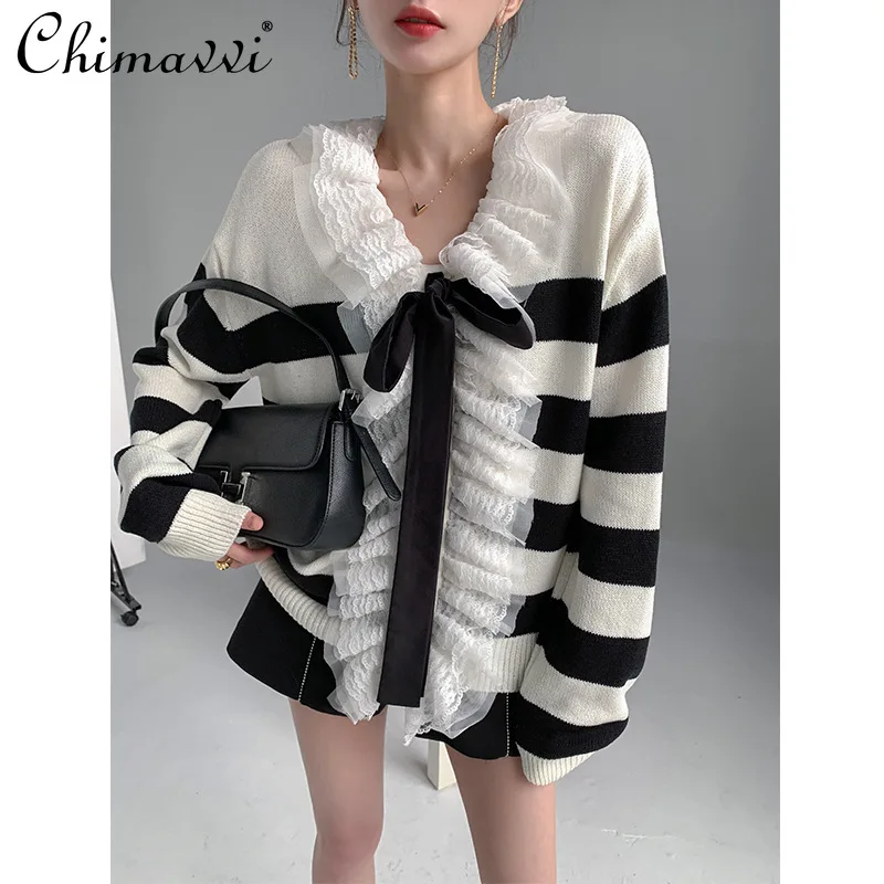 

2021 Women's Clothing New Autumn Lace V-neck Patchwork Striped Sweater Feminine Long Sleeve Sweet Elegance Loose Knitted Top