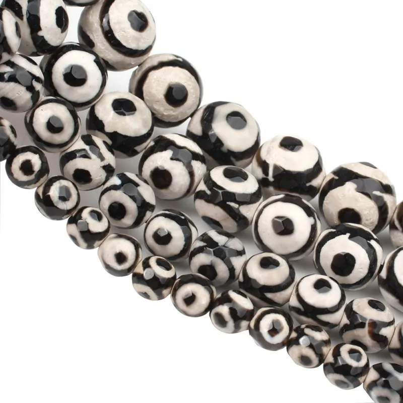 Faceted Black eye Agate Tibetan Mystical Old Onyx Natural Stone Beads For Jewelry Making DIY Charm Bracelet 6 8 10 12mm 15 inch | Украшения