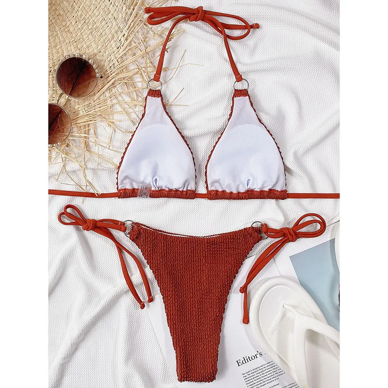 

Rivertrip Ribbed Bikinis Women's Swimsuits Push Up Swimwear Women Cross Bandage Bathing Suits High Cut Thong Biquini 2021 Summer