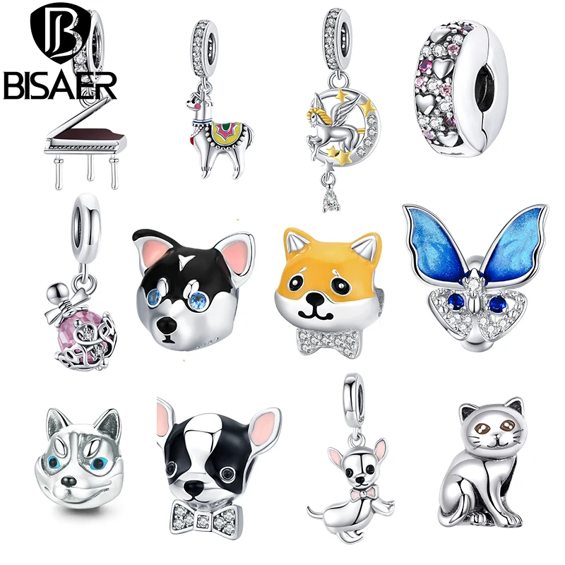 

BISAER 925 Sterling Silver Cute Animal kitty Cat&Dog Charms Beads Fit Original Design Bracelets DIY Jewelry Making For Women