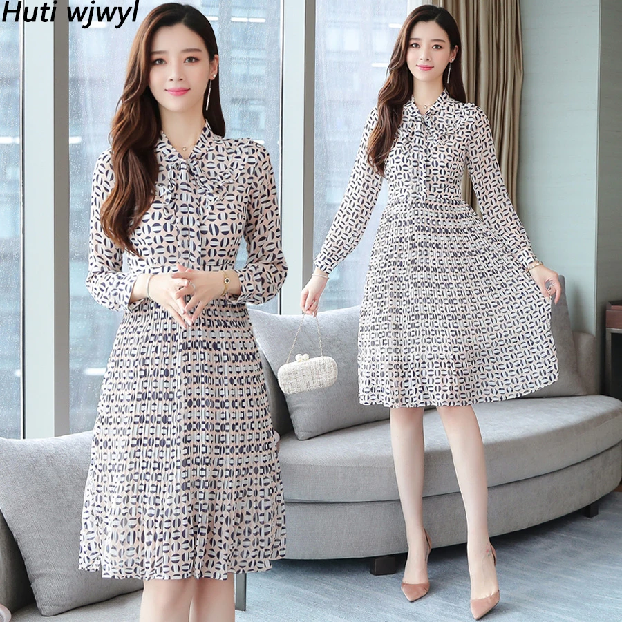 Женское шифоновое плиссированное платье миди с длинным рукавом и винтажным