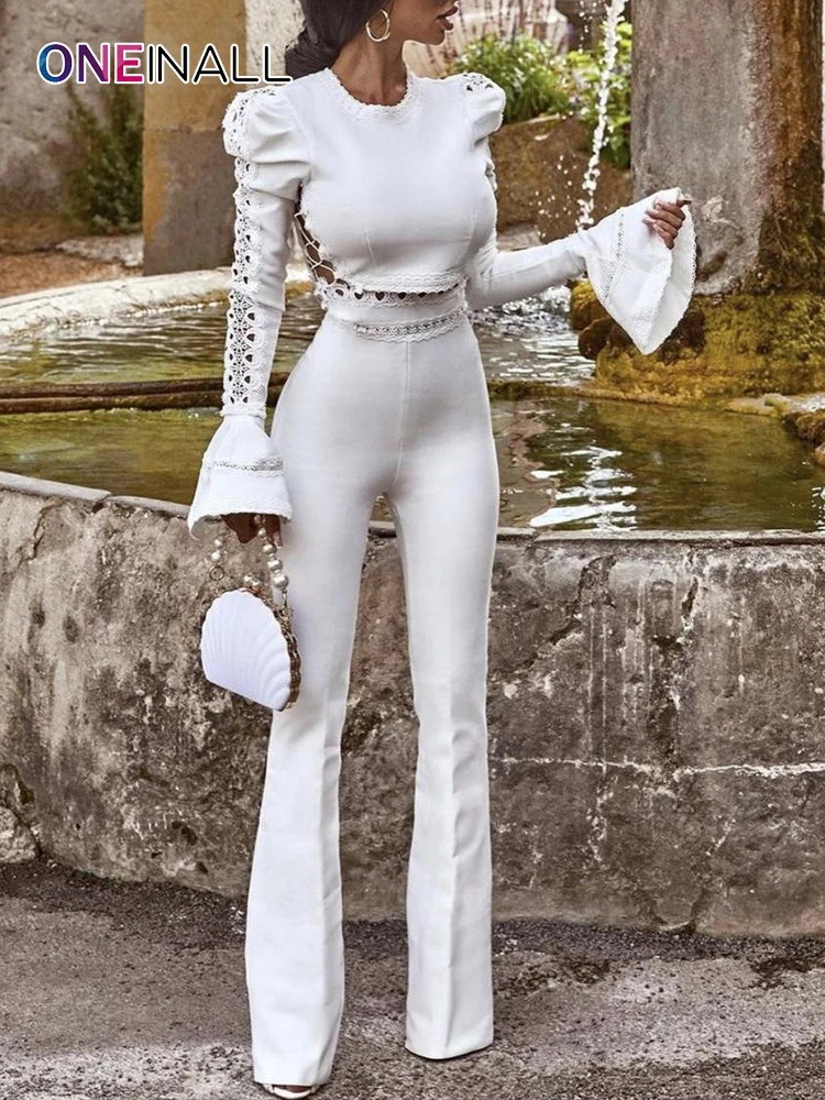 

ONEINALL White Embroidery Two Piece Set Women Round Neck Long Sleeve Top High Waist Wide Leg Pant Casual Suits 2021 Clothing New