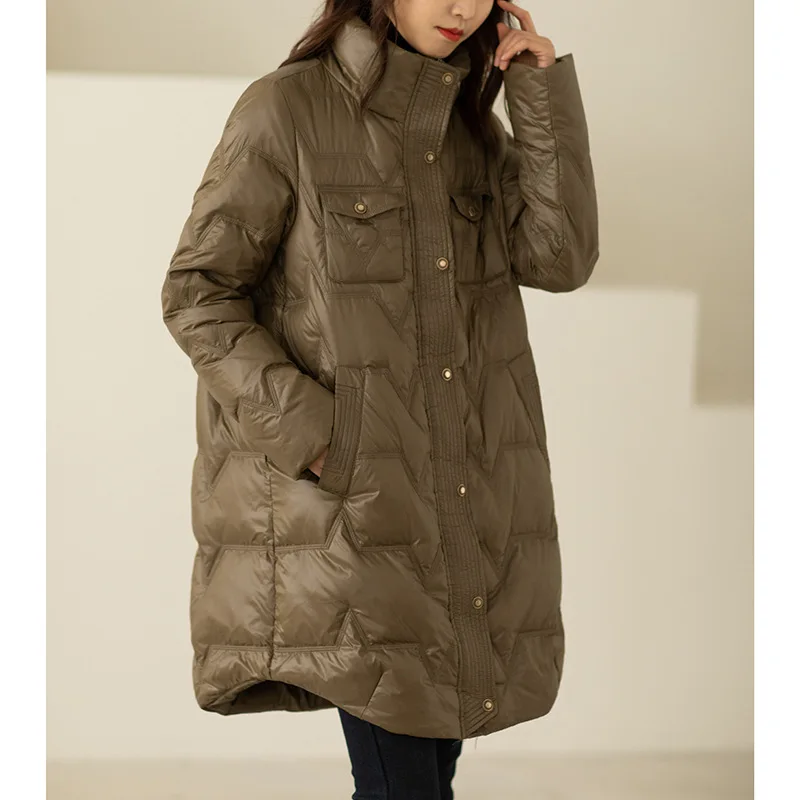 Mid-length White Duck Down Jacket 2021 Winter New Fashion Stand-up Collar Solid Color Western-style All-match Jacket enlarge