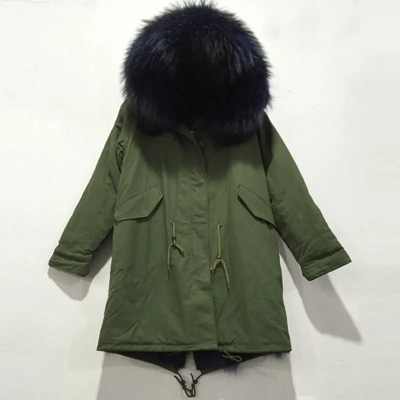 

Men fashion army green long jacket with blue mixed coyote fur super warm fur jacket