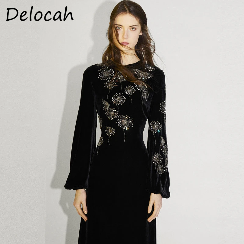 

Delocah New 2021 Autumn Women Fashion Designe Midi Dress Lantern Sleeve Gorgeous Embroidery Elegant Ladies A-Line Dress Vestidos