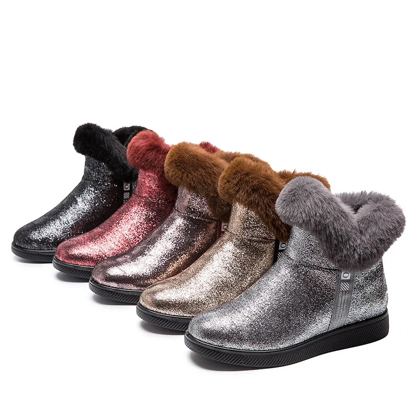 

2019 New Women Boots Ankle Sequined Cloth Snow Boots Flats Shoes Woman Plush Warm Round Toe Fashion Zip Non-slip Plus Size 35-41