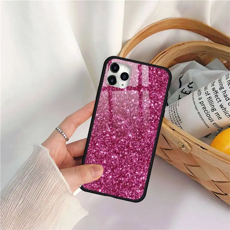 

bling Pink kawaii Phone Case Tempered glass For iphone 11 12 PRO MAX X XS XR 5C 6 6S 7 8 plus