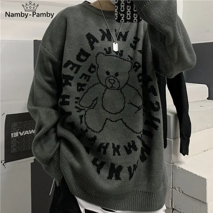 

Bear vintage oversized sweater loose line sweater casual harajuku sweater women korean fashion winter O-Neck Pullovers