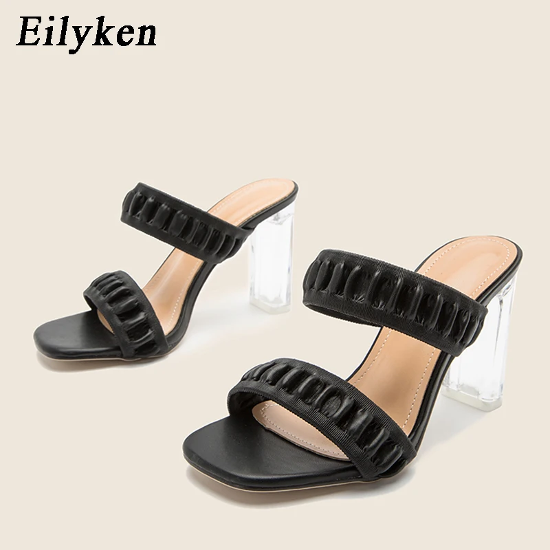 

Eilyken Fashion Stretch Band Womens Slippers Perspex Crystal High Heels Slides Ladies Summer Outdoor Square Toe Sandals Shoes