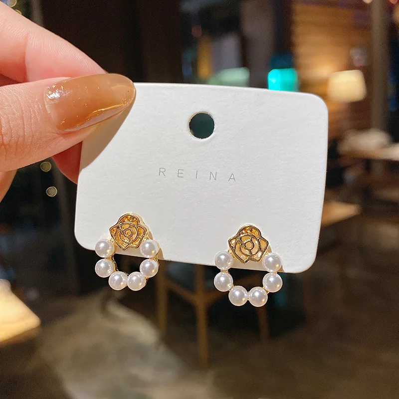 

S925 Silver Needle New Pearl Circle Stud Earrings Women Vintage Rose High Sense Temperament Female Earring Fashion Jewelry Trend