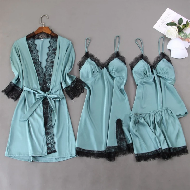 

Female Long Sleeve Pyjamas Women 4 Pieces Pink Pajamas Set Satin Sexy Lingerie Home Wear Sleepwear Ladies Pijama