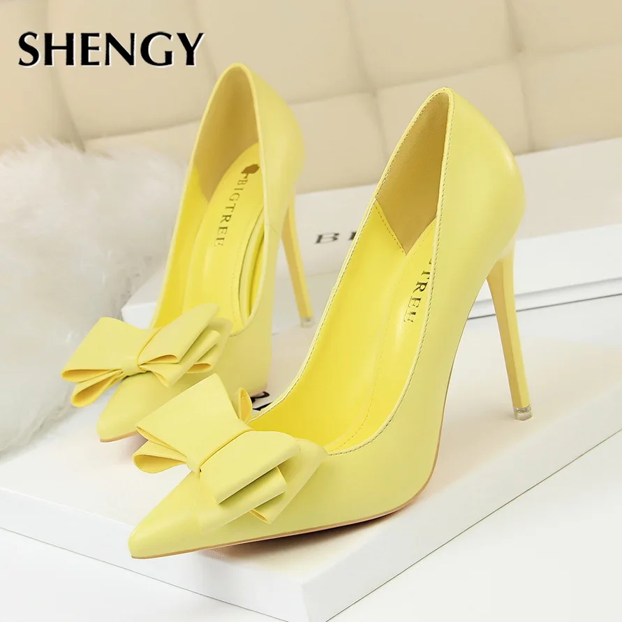 

2020 Office 10.5cm Women High Heels Bow-knot Pumps Pointed Toe Party Autumn Spring Thin Heels Women High Heels