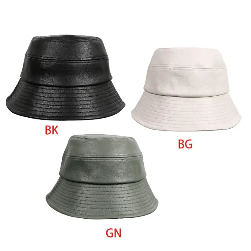 

Men Women Artificial Leather Bucket Hat Harajuku Hip Hop Solid Color Outdoor Sunscreen Hat Casual Travel Packable Fisherman Cap