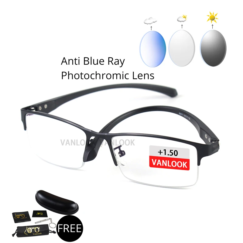 

Vanlook Photochromic Men's Glasses Reading Blue Light Blocking Women Presbyopic glasses Black Blue Metal TR90 Eyeglasses Frame