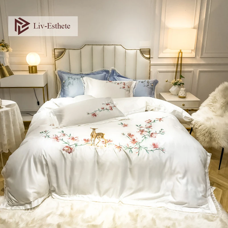 Liv-Esthete роскошный набор белых постельных принадлежностей с вышитыми цветами и оленями, набор пододеяльников из шелковистого хлопка, наволочка, двуспальное постельное белье для кровати кинг-сайз