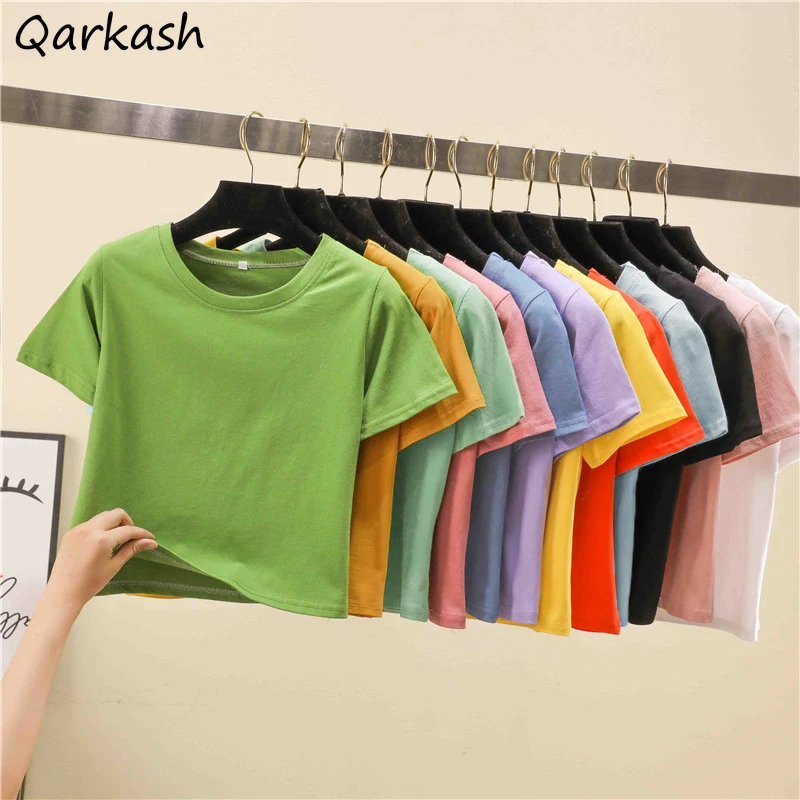 

Women Short Sleeve T-shirts Solid Loose Crop Tops Candy Color Students All-match Simple Daily Tees Korean Style Harajuku Fashion
