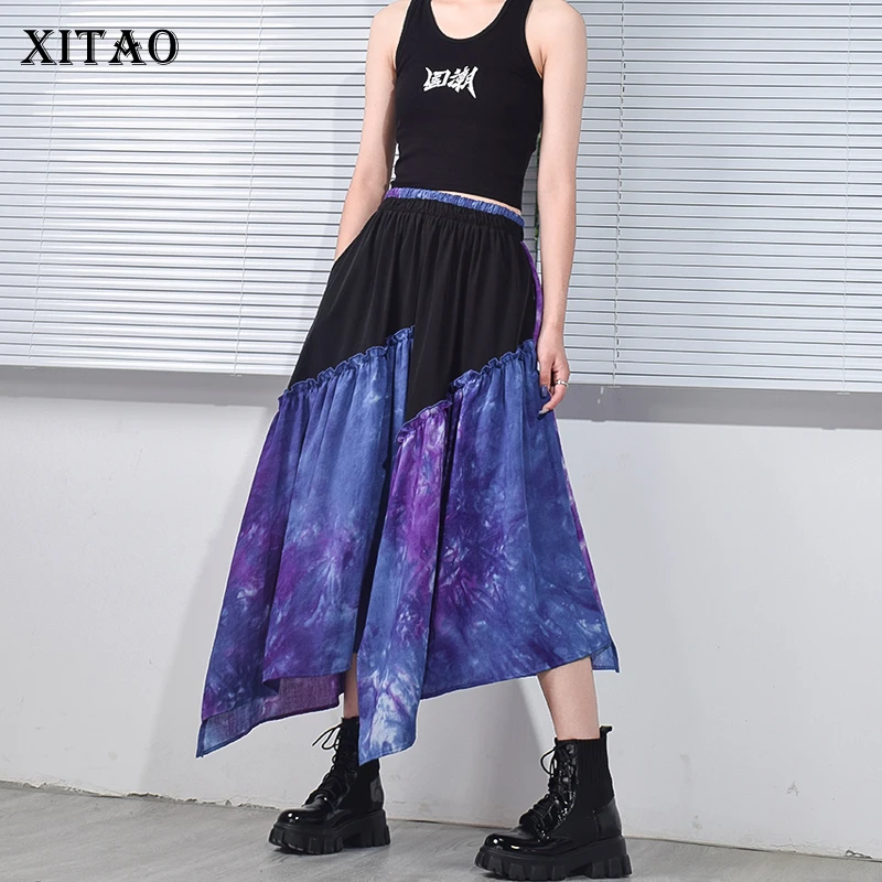 

XITAO Asymmetrical Tie Dye Print Skirt Contrast Color Splicing Casual Loose Fashion Elastic Waist 2021 New All-match DZL5010