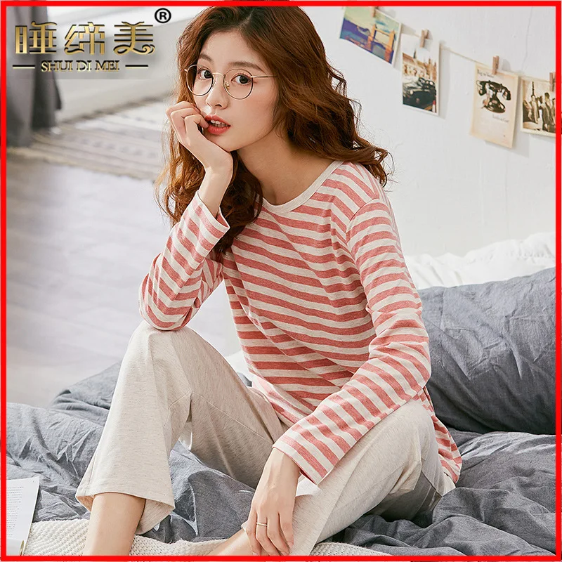 

Pajamas for Women Autumn Combed Cotton Long-Sleeved Round Neck Cute Clear Casual Leisure Tops Women Sleepwear Pyjama Set