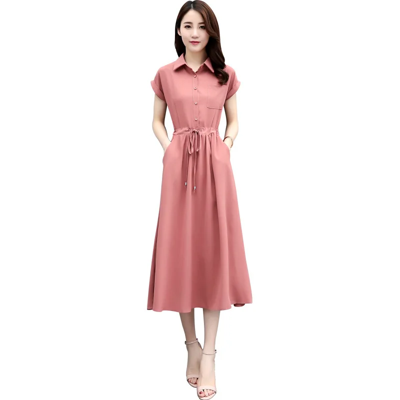 

2021 Summer New Temperament Shirt Dress Women's Short-sleeved Mid-length Waist Long Skirt Dresses for Women