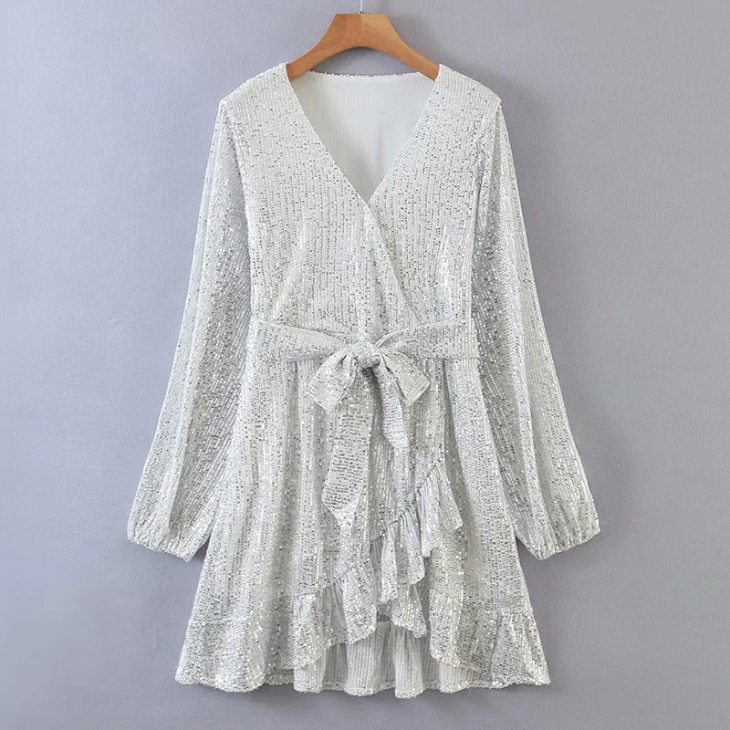 

Elegant Autumn Solid Sequined Office Dress A-line Ladies Belt Work Dress High street Vintage V-neck women dress 2020
