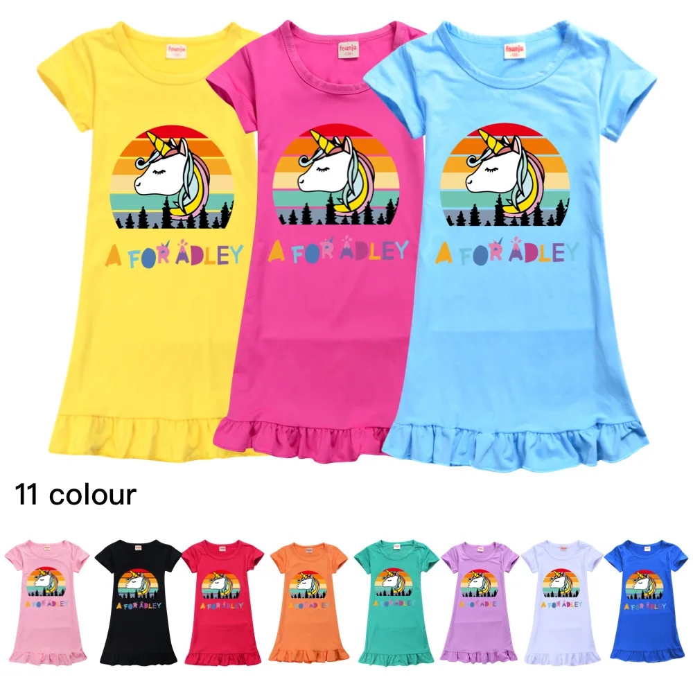

A for Adley Girl Dress Ice Silk Short-sleeved Pajama Summer Child Home Dress Kids Dresses for Girls Toddler Nightgown 4 6 Year