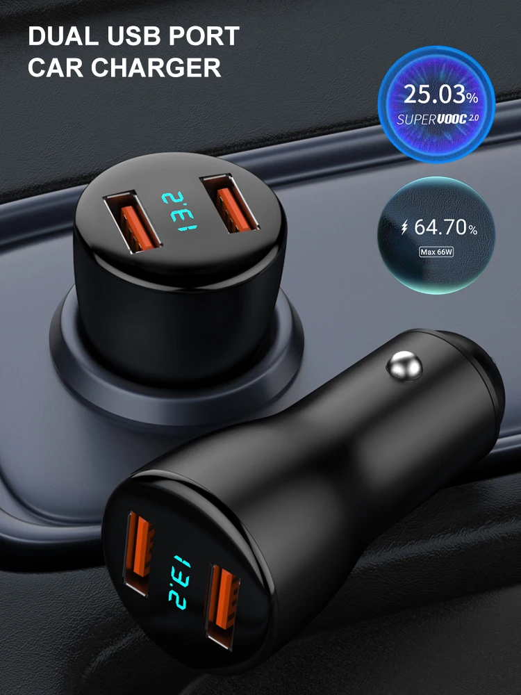 

66W Car Fast Charger 12-24V Dual USB Ports 66W Fast Charging Lighter Adapter with Digital Voltmeter for Phones Tablets Dash Cams