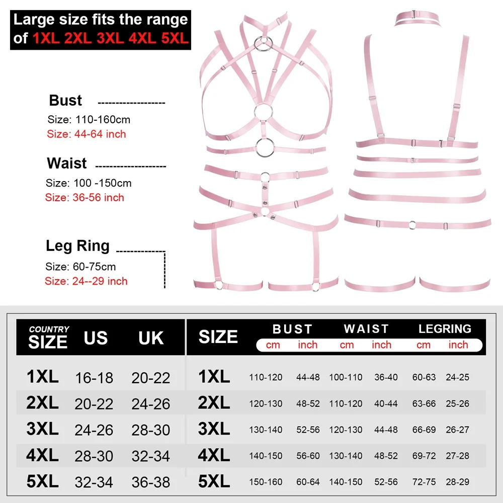 

Pink Bondage Harness Lingerie Set Busty Women Fetish Punk Goth Body Sexy Plus Size Costume Suspender Garters 2 PC Gothic Style