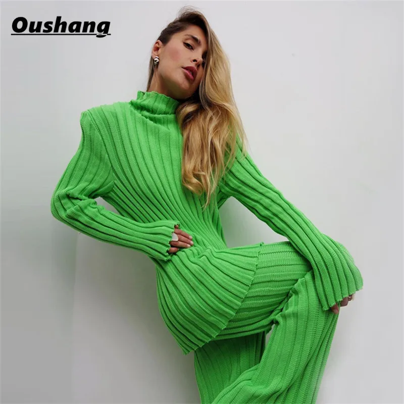 

Женский трикотажный комплект из 2 предметов, Повседневный свитер с высоким воротником и длинным рукавом, пуловер и брюки в рубчик, зима 2021