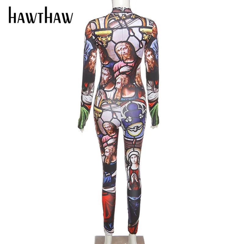 

Hawthaw Women Autumn Winter Printed Long Sleeve Bodycon Slim Female Jumpsuit Romper Playsuit 2020 Fall Clothes Streetwear