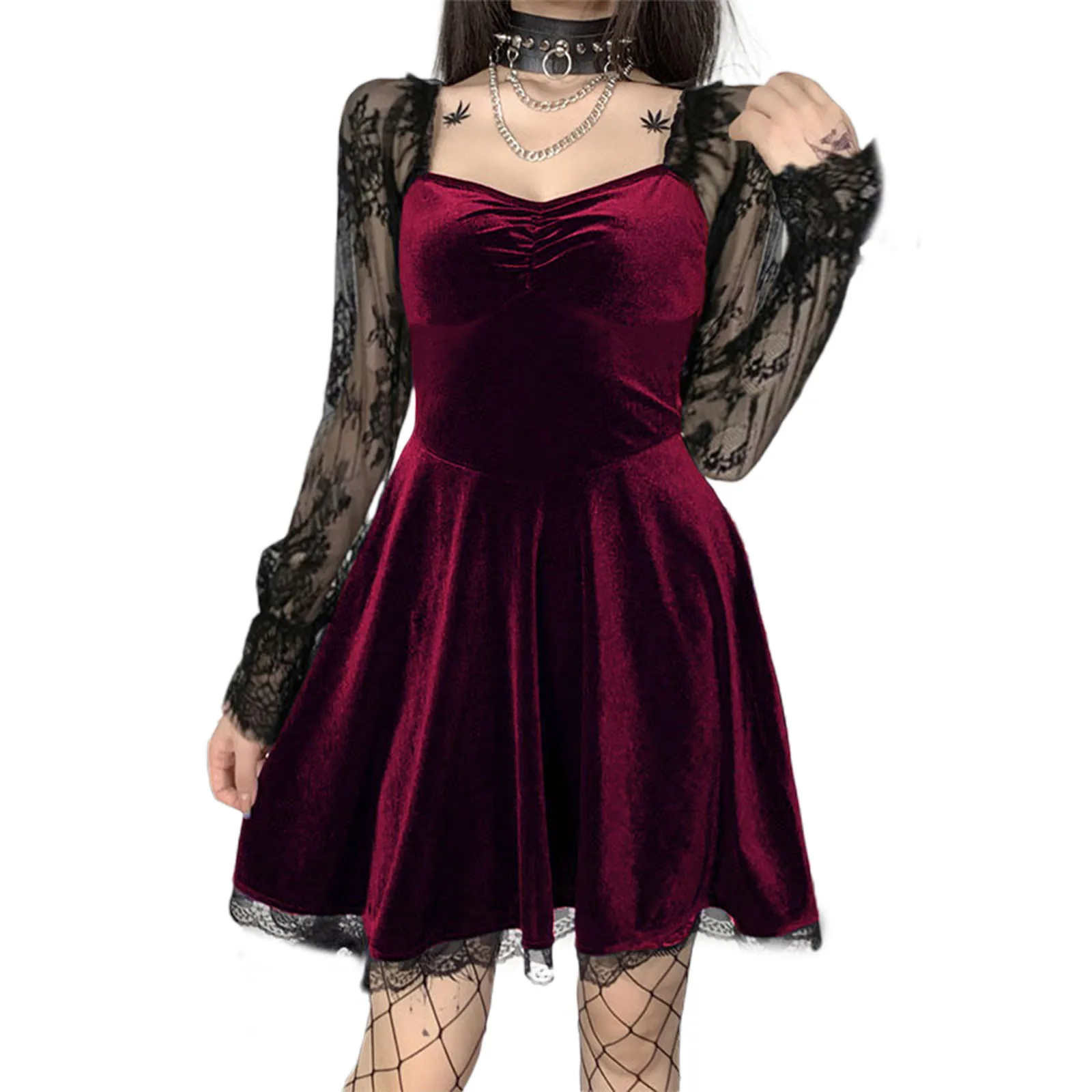 

Женское винтажное платье, креативное Сетчатое платье с вырезом сердечком, длинным рукавом и высокой талией, однотонная облегающая Свободна...