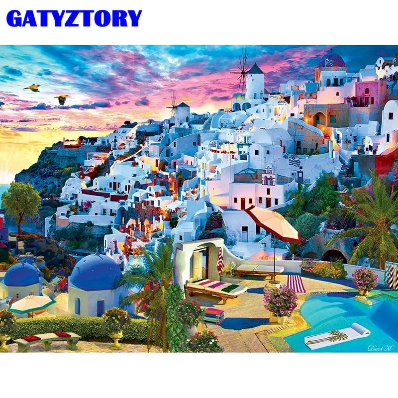 

GATYZTORY 60x75cm Frame DIY Painting By Numbers Kits Santorini Landscape Picture By Numbers Handmade Acrylic Paint Artwork