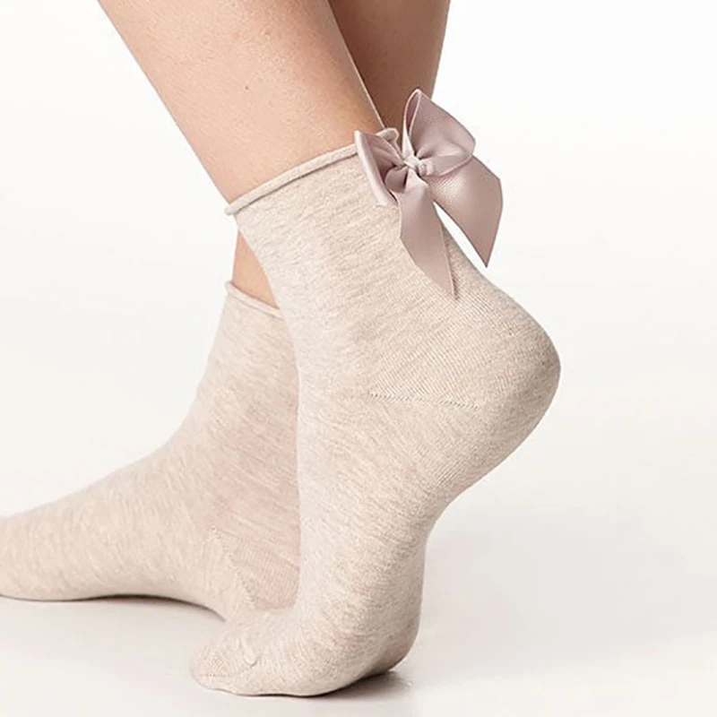 Summer 1 Pair Lolita Style Japanese Maiden Lovely Woman Candy Color Bow Short Cotton Socks High Quality