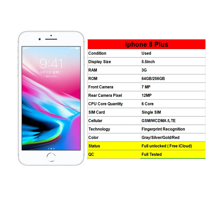 

Unlocked Original iPhone 8 / 8 Plus IOS Cellphone 64GB/256GB ROM 12.0MP Smart Phone Camera 6 Core Fingerprint Used Mobile Phone