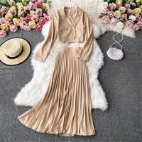women pleated dress suits spring summer office lady suit midi skirt two piece set fashion casual skirts sets female clothing