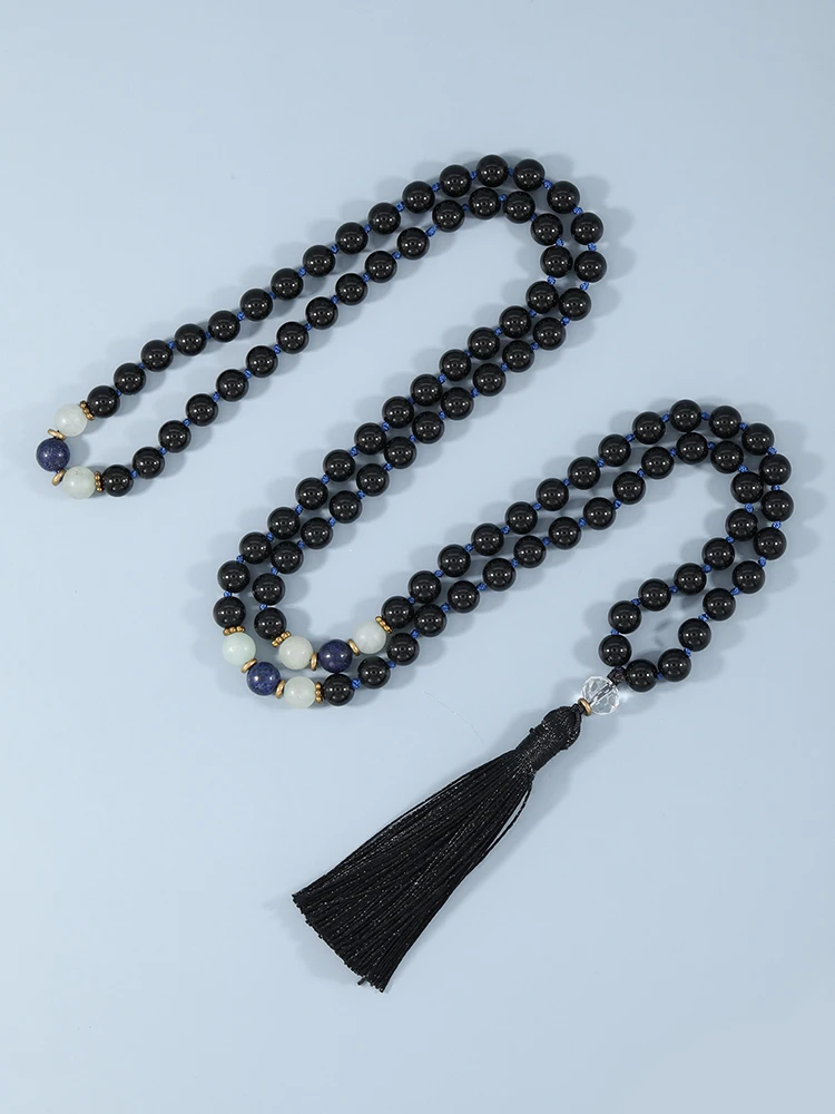 

YUOKIAA Mala Necklace 108 Natural Stones Black Onyx Amazonite Lapis Lazuli Prayer Beads Meditation Yoga Spirit Japamala Necklace