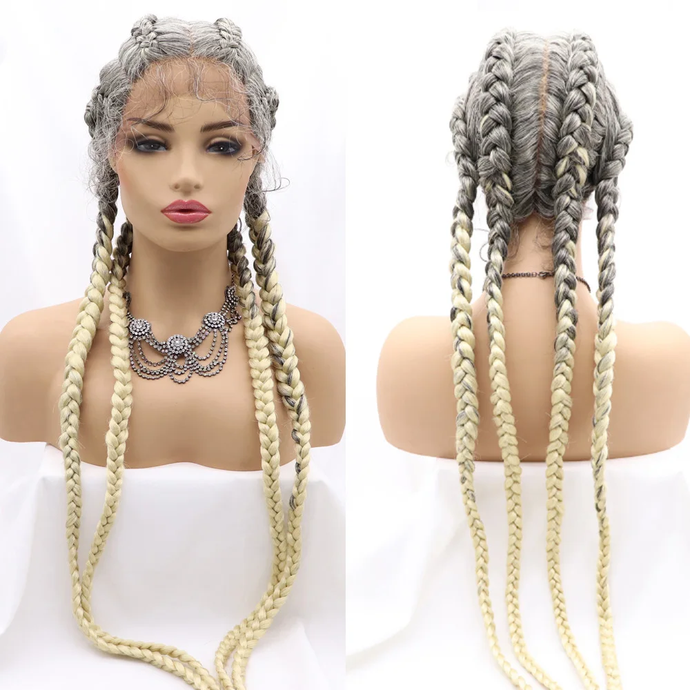 Sylvia 30 Inches Braided Wig Gray to 613# Blonde Synthetic Lace Front Wig With Baby Hair Long 4 Braids Wig for Women Party