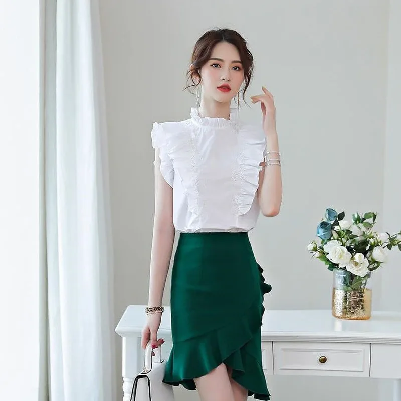 

Womens Tops Ruffled Sleeveless Pullover Shirts 2021 Summer Fashion New Turtle Neck White Elegant Office Ladies Blouse Work Wear