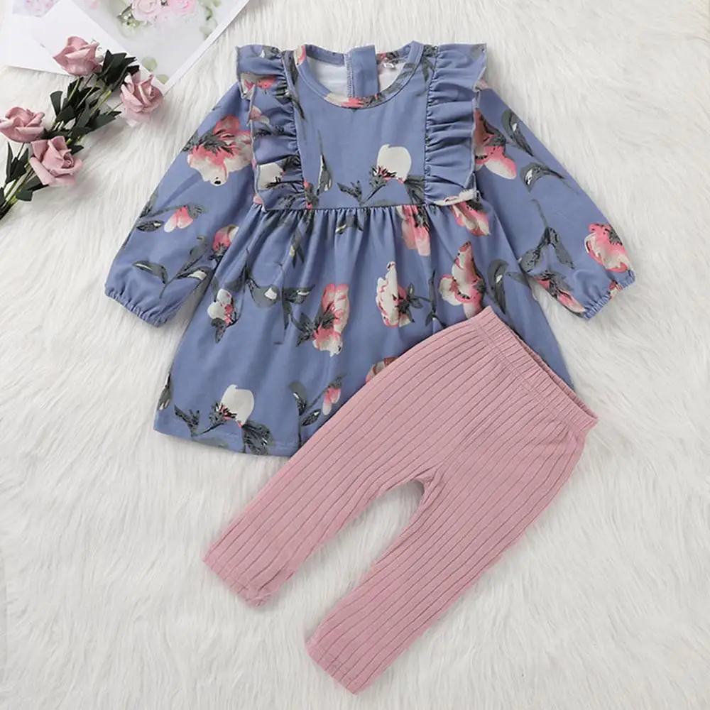 

ZWF532 Kids Girls Clothes Toddler Kids Baby Girls Floral Solid Ruffle Dress Pants+bedford Cord Outfits Set Roupa Infantil Menina