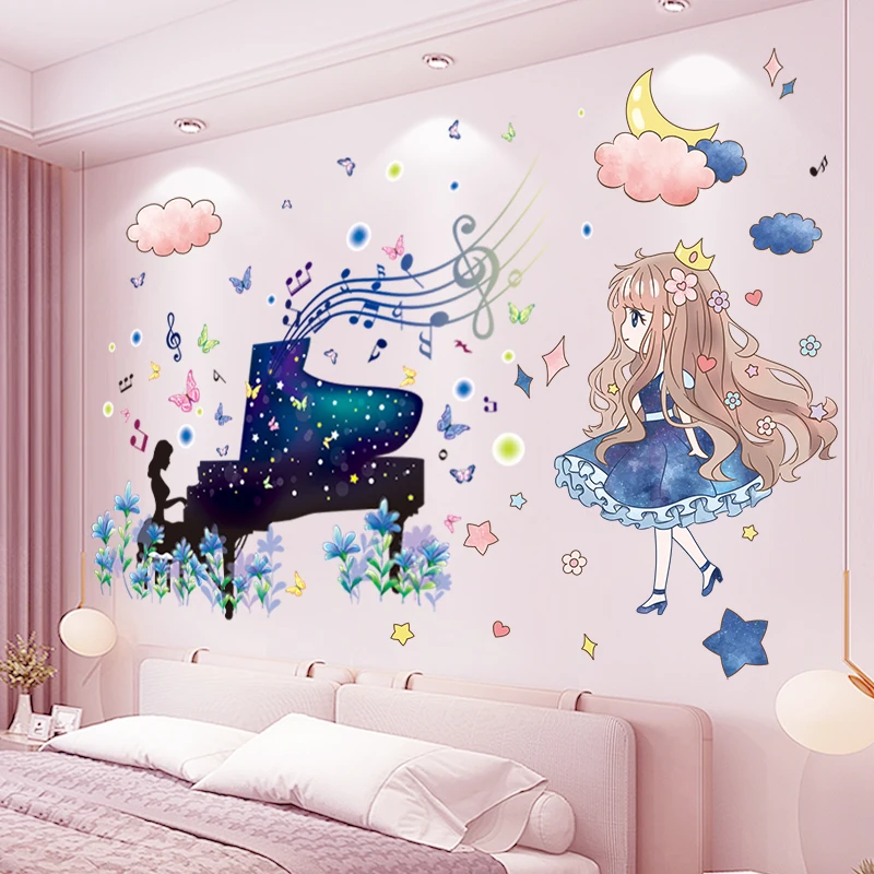 

[shijuekongjian] Piano Girl Wall Stickers DIY Stars Moon Clouds Wall Decals for Kids Room Baby Bedroom Dorm Home Decoration