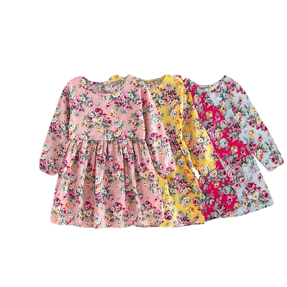 New Kids Long Sleeve Dresses Girls Flower Printed Princess Dress Summer Children Clothing 2 3 4 5 6 7 Years Girl Elegant Outfits | Детская