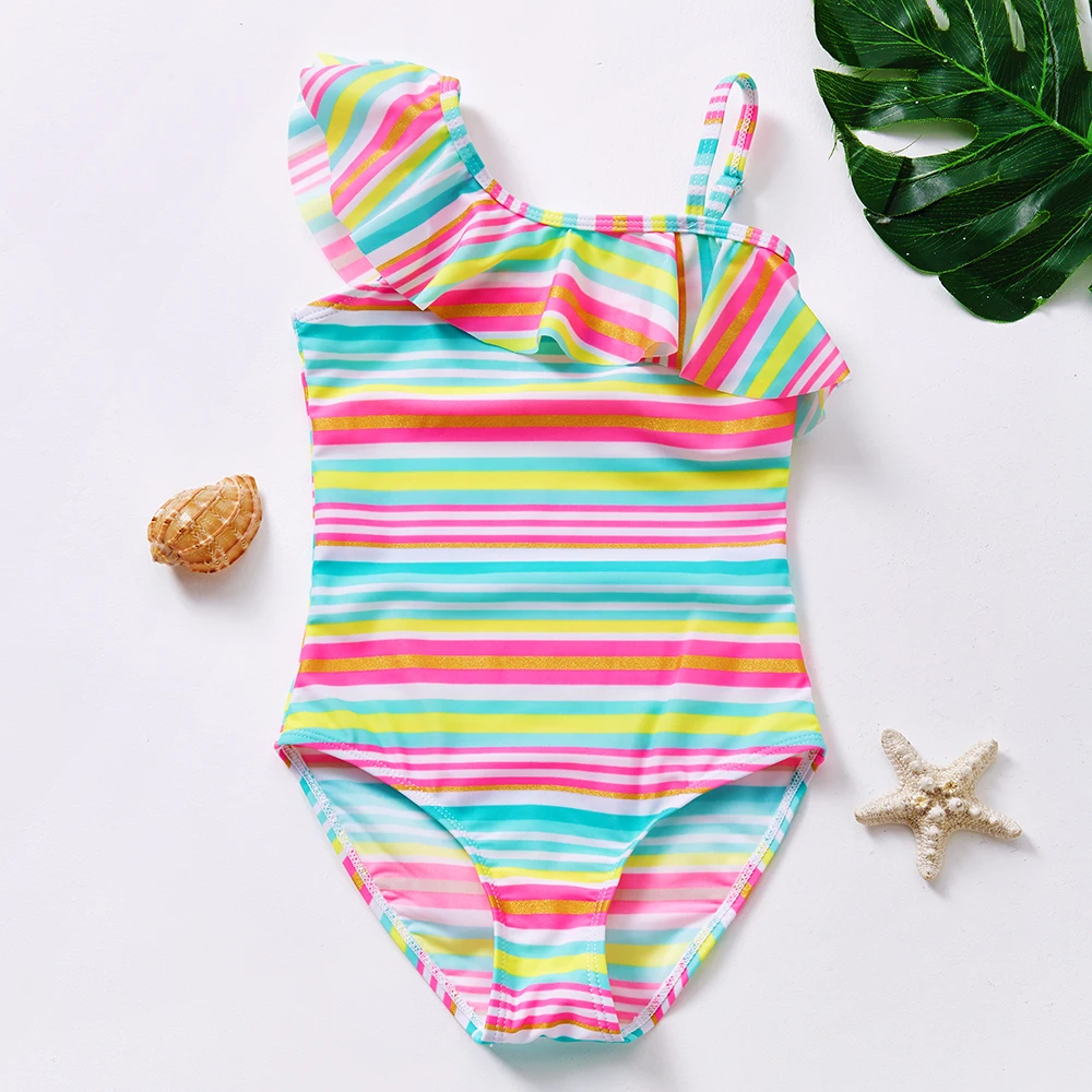 

2~10Year Ruffle Girls Swimsuit Kids One piece Swimwear Colorful strips Children Swimwear Kid Girls Swim costume Beach wear