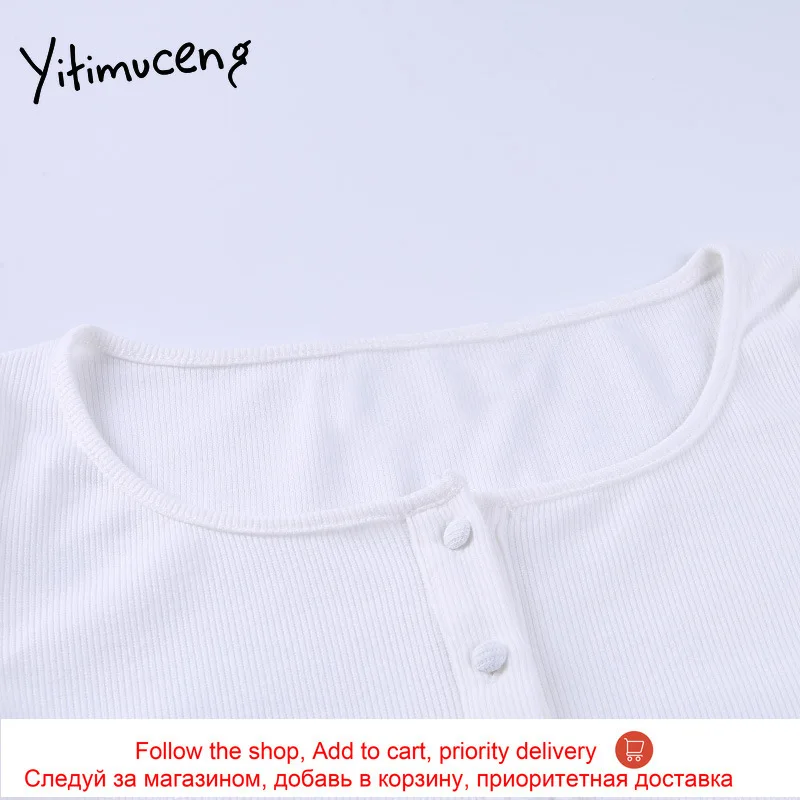 

Yitimuceng Woman Tshirts Button Casual White Summer 2021 Square Collar Crop Top Spliced T Shirt Short Sexy Tops Fashion New