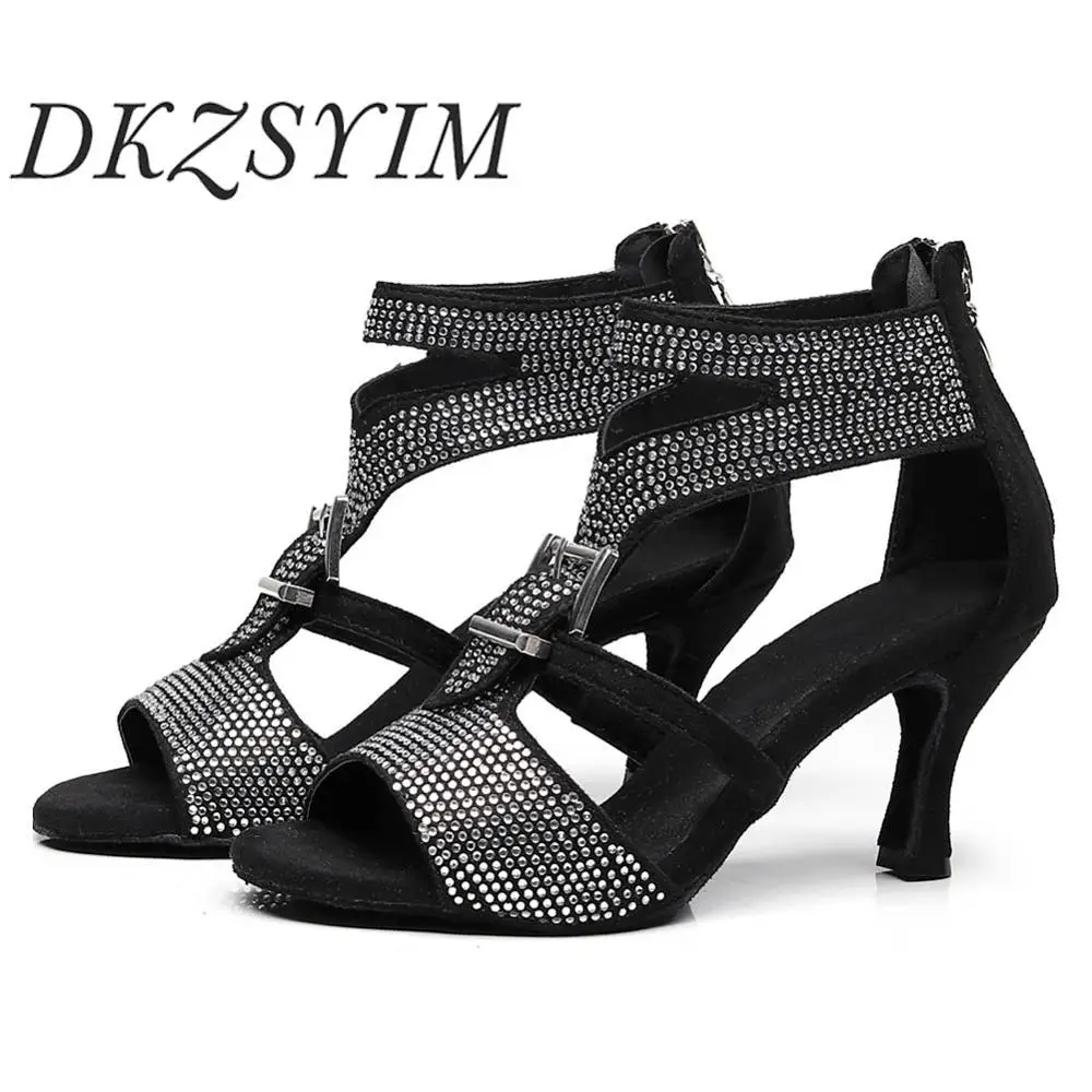 Фото Женские туфли для танцев DKZSYIM черные замшевые с блестящими стразами на мягкой