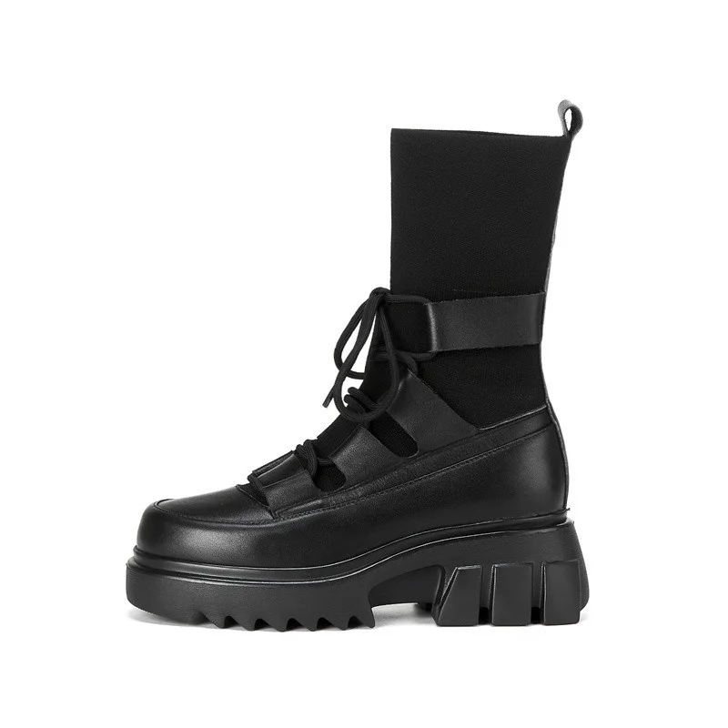 

High quality women knee high long sock boots platform genuine leather thick high heels corss-tied short tube booties ladies shoe