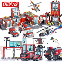 city fire rescue station car aerial ladder truck vehicle helicopter building block bricks educational kid diy toys children gift