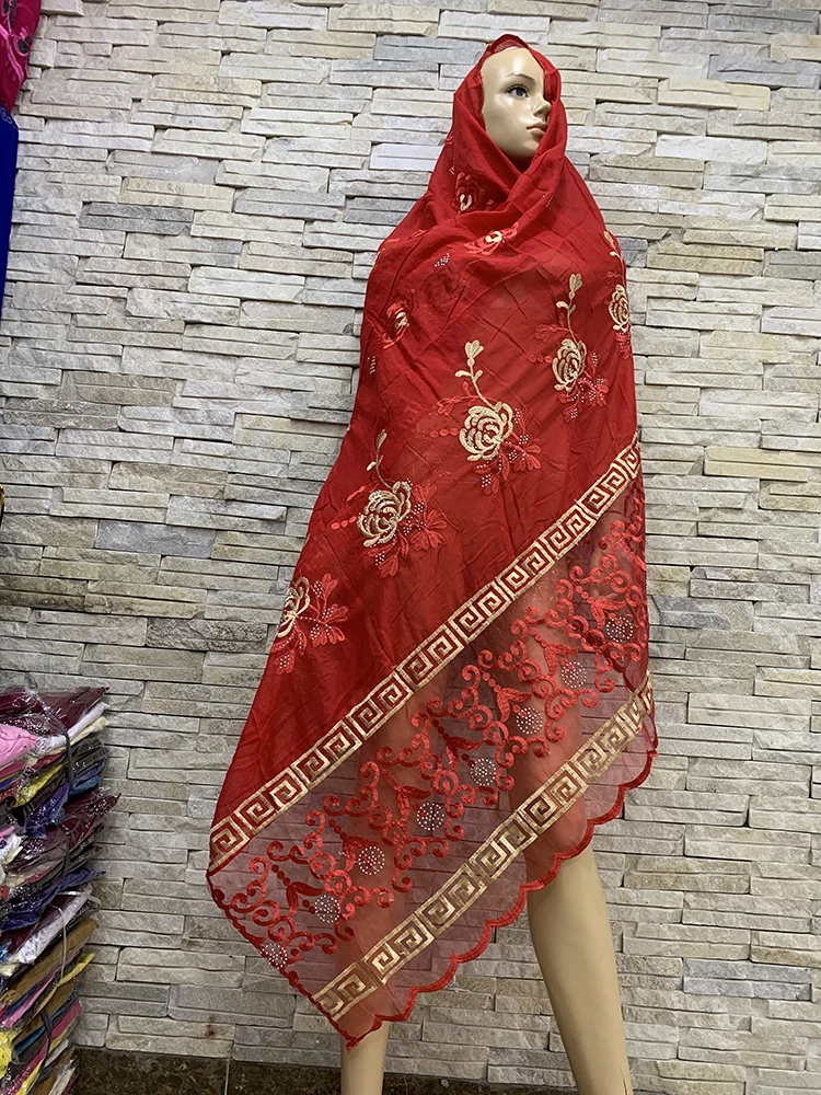Top Selling African Women Scarf Muslim Embroidery Cotton Splicing net scarf Big Soft Headscarf Hijab BM816 |