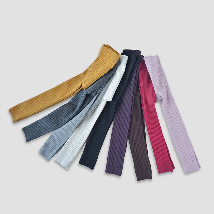 

New Combed Cotton Girls' Leggings, Solid Color Vertical Striped Knitted Children's Ninth Pants